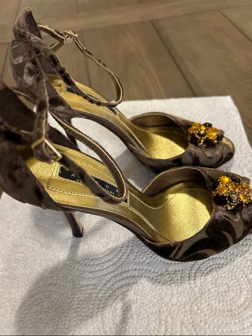 Laundry By Shelli Segal Brown Velvet Peep-Toe Heels with Amber Jewel Cluster